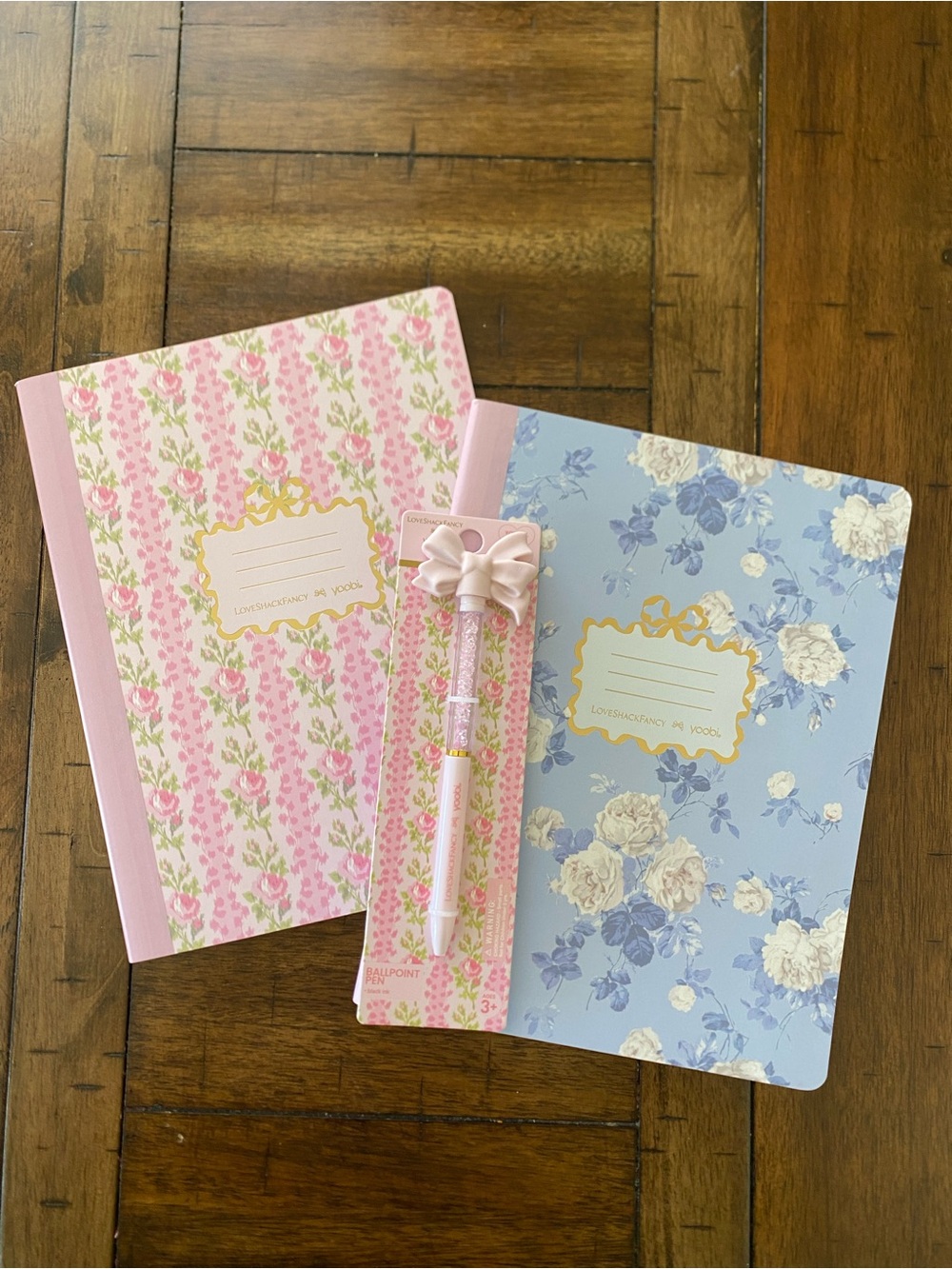LoveShackFancy Floral Pink & Blue Wide Ruled Notebooks with Pink Bow Pen